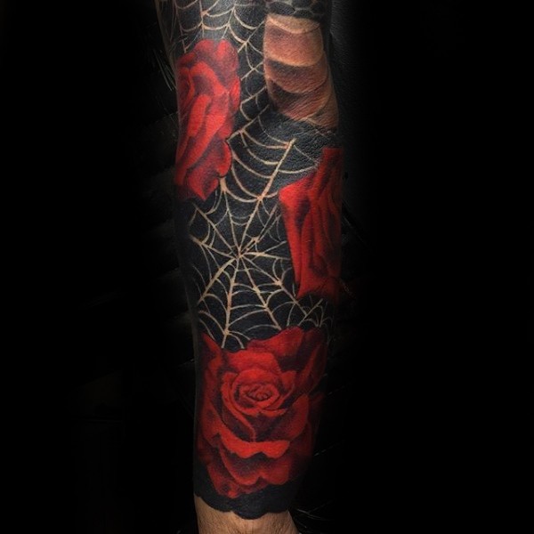 3D style beautiful looking roses with spider web tattoo on sleeve