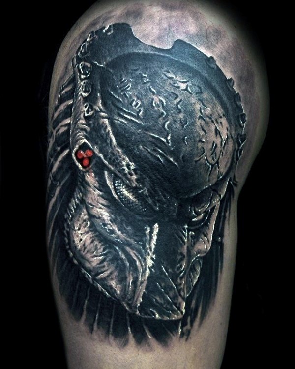 3D style beautiful looking shoulder tattoo of evil Predator