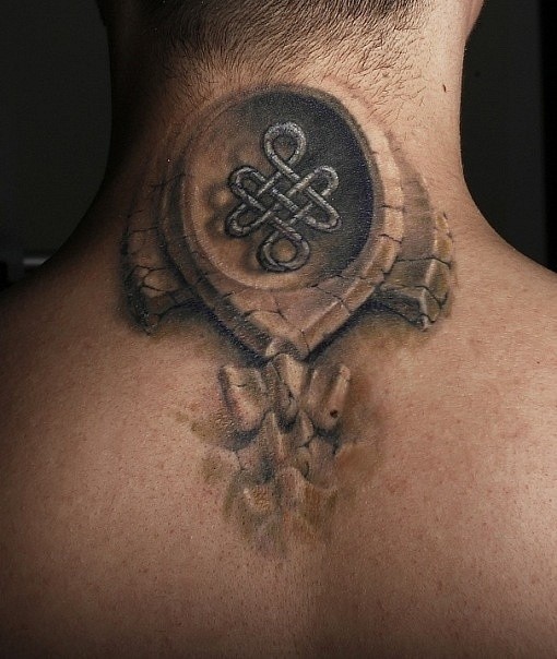 3D style big bones tattoo on neck with Celtic symbol