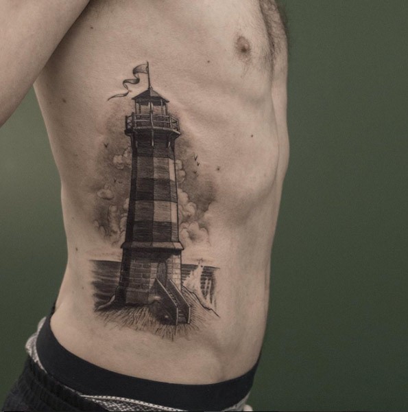 3D style black and white detailed side tattoo of lighthouse