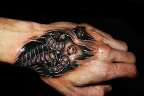3D style black and white very detailed biomechanical tattoo on hand