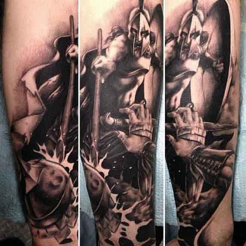 3D style black and white very detailed forearm tattoo of Spartan warrior fight