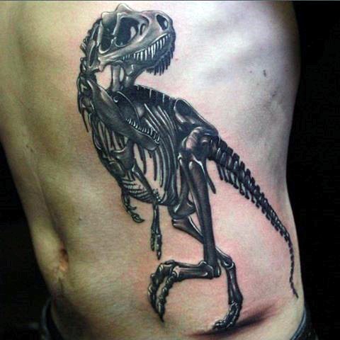 3D style black ink detailed dinosaur skeleton tattoo on side