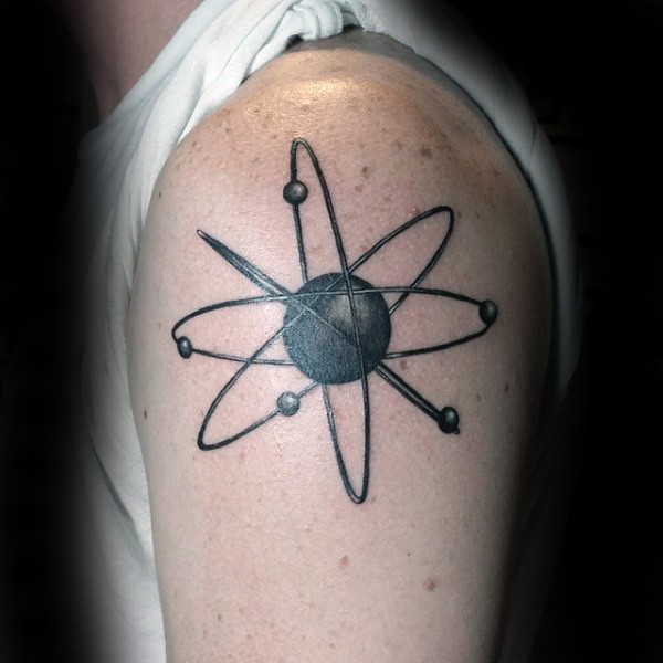 3D style black ink detailed looking atom tattoo on shoulder