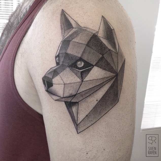 3D style black ink geometrical shoulder tattoo of wolf head