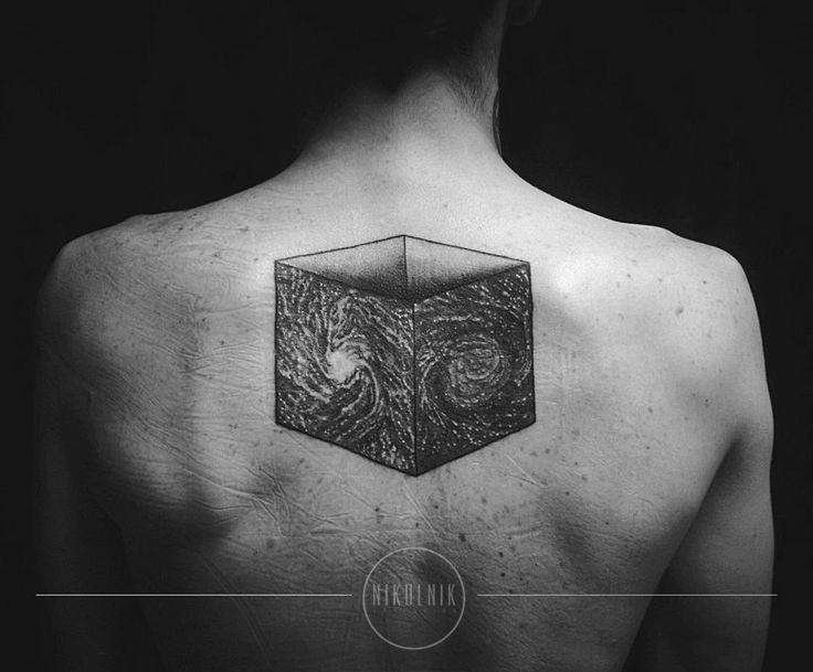 3D style black ink upper back tattoo of mysterious cube