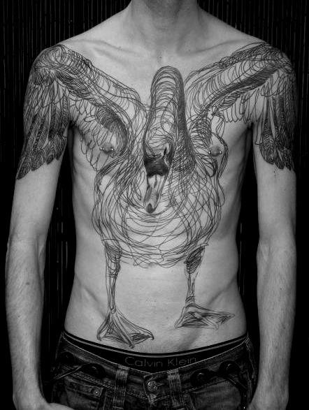 3D style breathtaking looking black ink chest, belly and shoulders tattoo of incredible swan