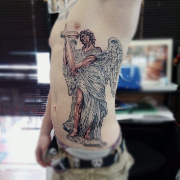 3D style colored accurate painted side tattoo of angel with cross