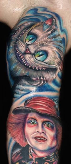 3D style colored Alice in wonderland heroes tattoo on sleeve