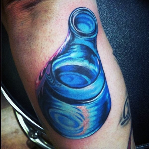 3D style colored arm tattoo of blue bottle with water