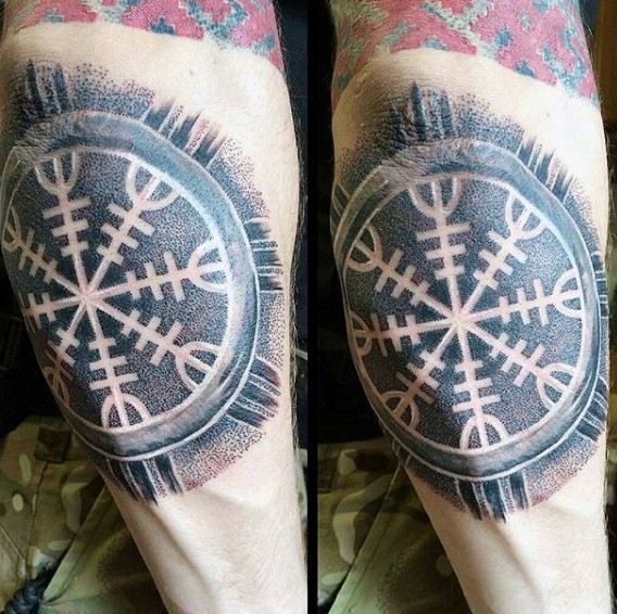 3D style colored arm tattoo of circle shaped ornament