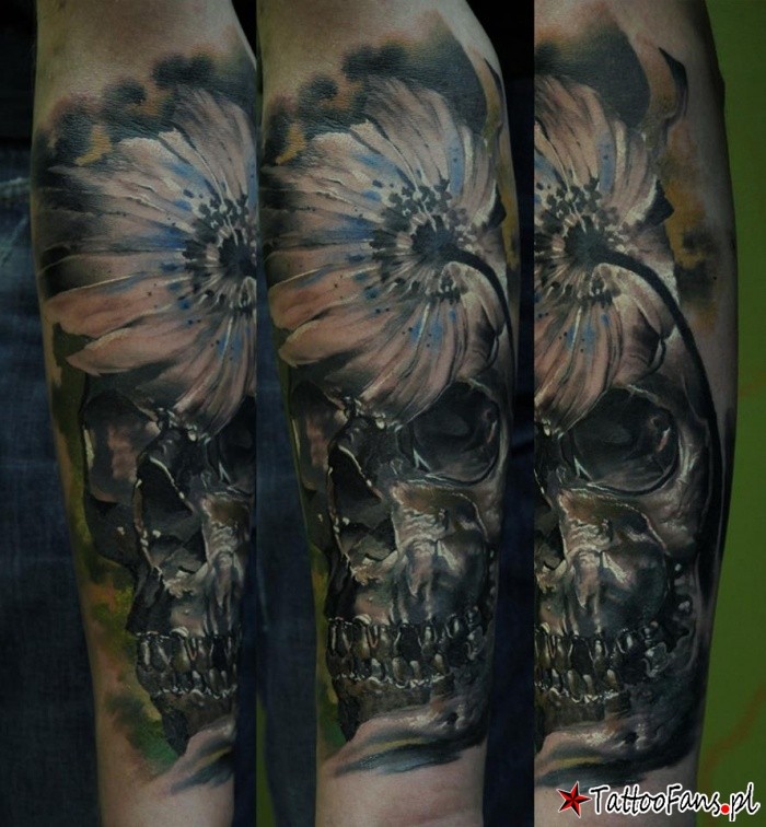 3D style colored arm tattoo of human skull with flowers