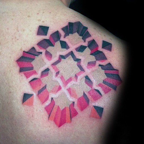 3D style colored beautiful looking ornament tattoo on shoulder