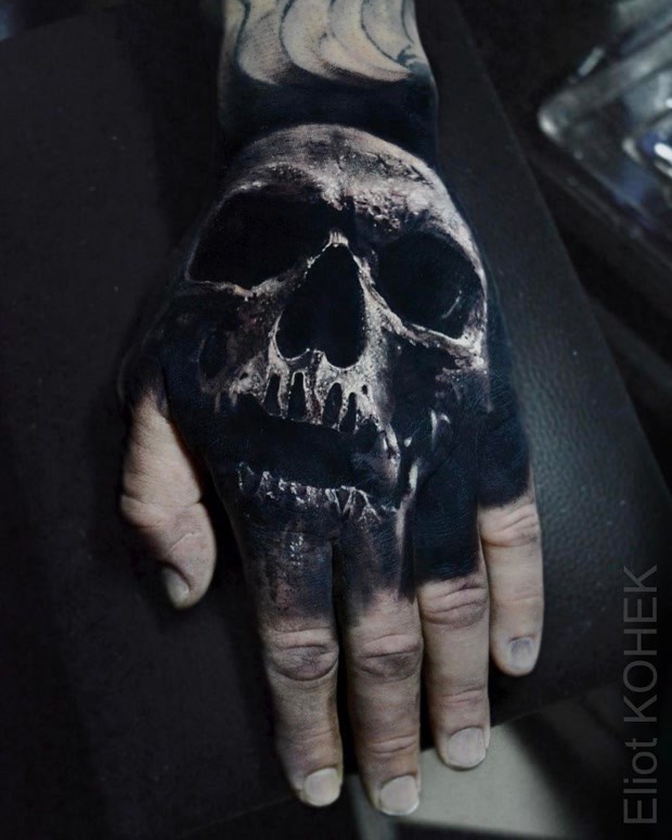 3D style colored by Eliot Kohek hand tattoo of human skull