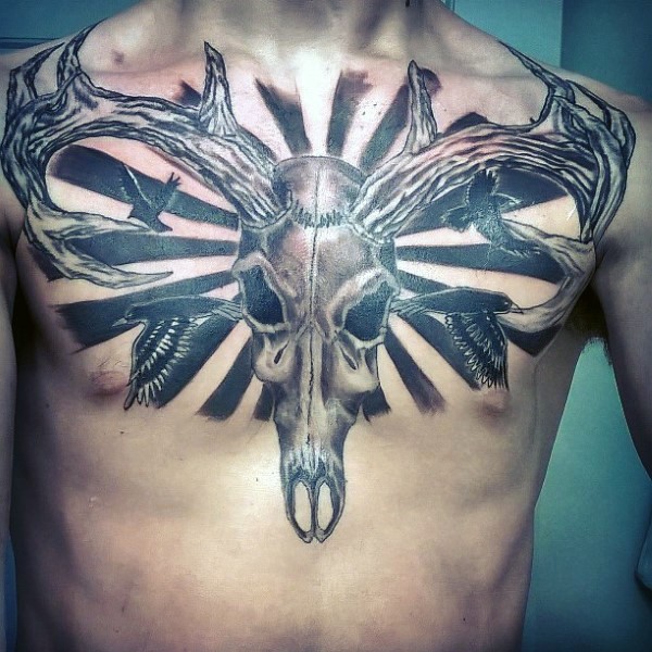 3D style colored chest tattoo of deers skull with birds