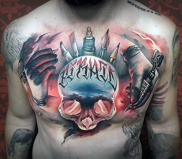 3D style colored chest tattoo of human skull with lettering and painters hands
