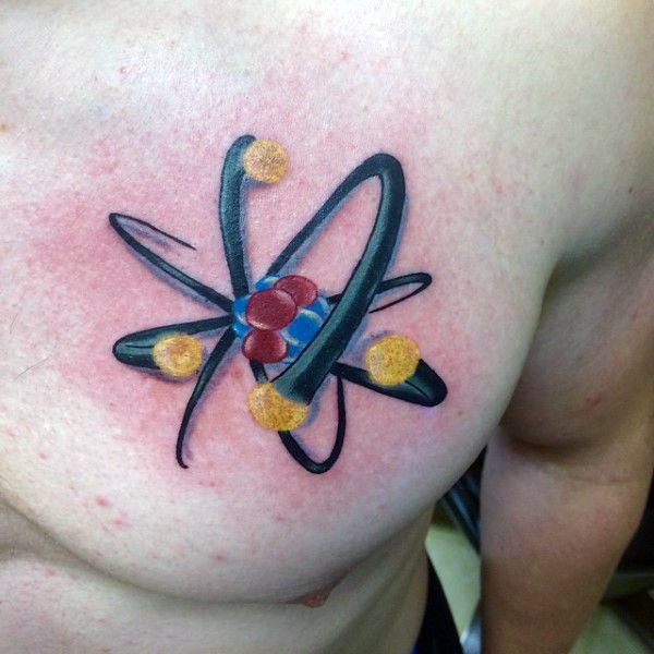3D style colored chest tattoo of medium size atom