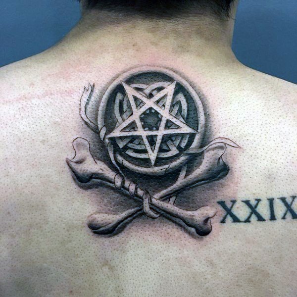 3D style colored demonic star tattoo on upper back with crossed bones
