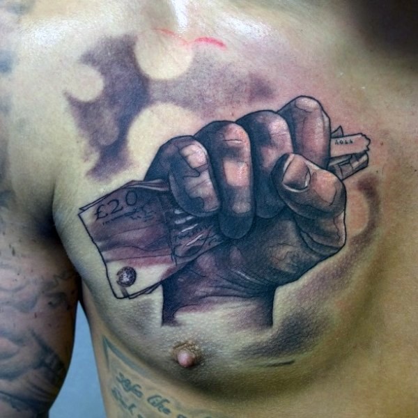 3D style colored detailed chest tattoo of hand with money