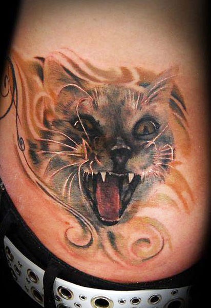 3D style colored evil cat tattoo on waist