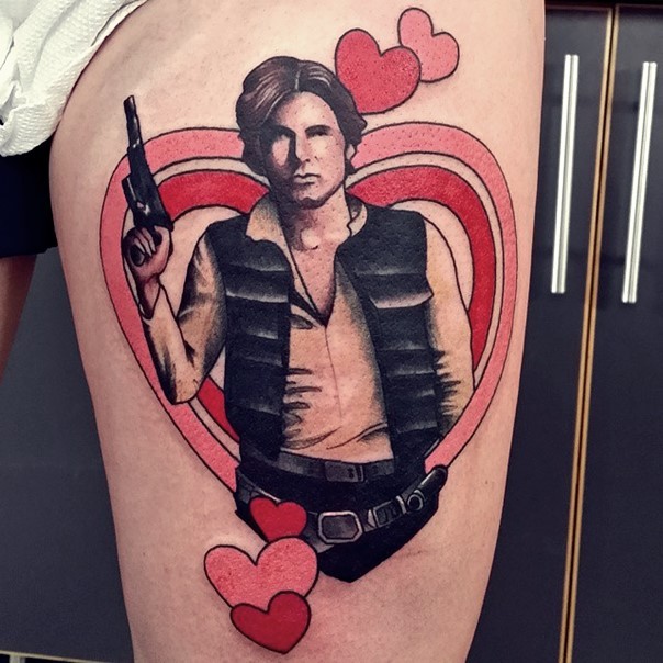 3D style colored fancy Han Solo portrait tattoo on thigh stylized with colored hearts