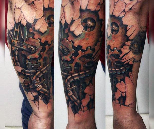 3D style colored forearm tattoo of old rusty mechanism