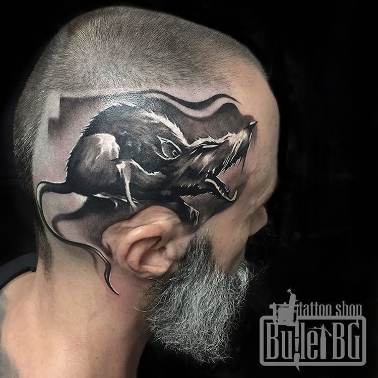 3D style colored head tattoo of creepy rat