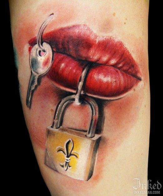 3D style colored pierced woman mouth with lock and key