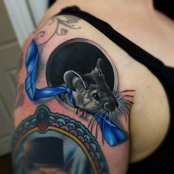 3D style colored shoulder tattoo of funny mouse in dark whole