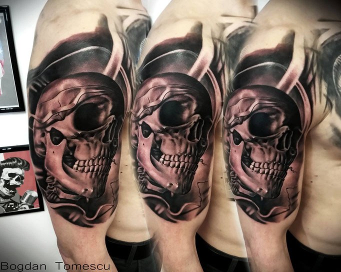 3D style colored shoulder tattoo of human skeleton