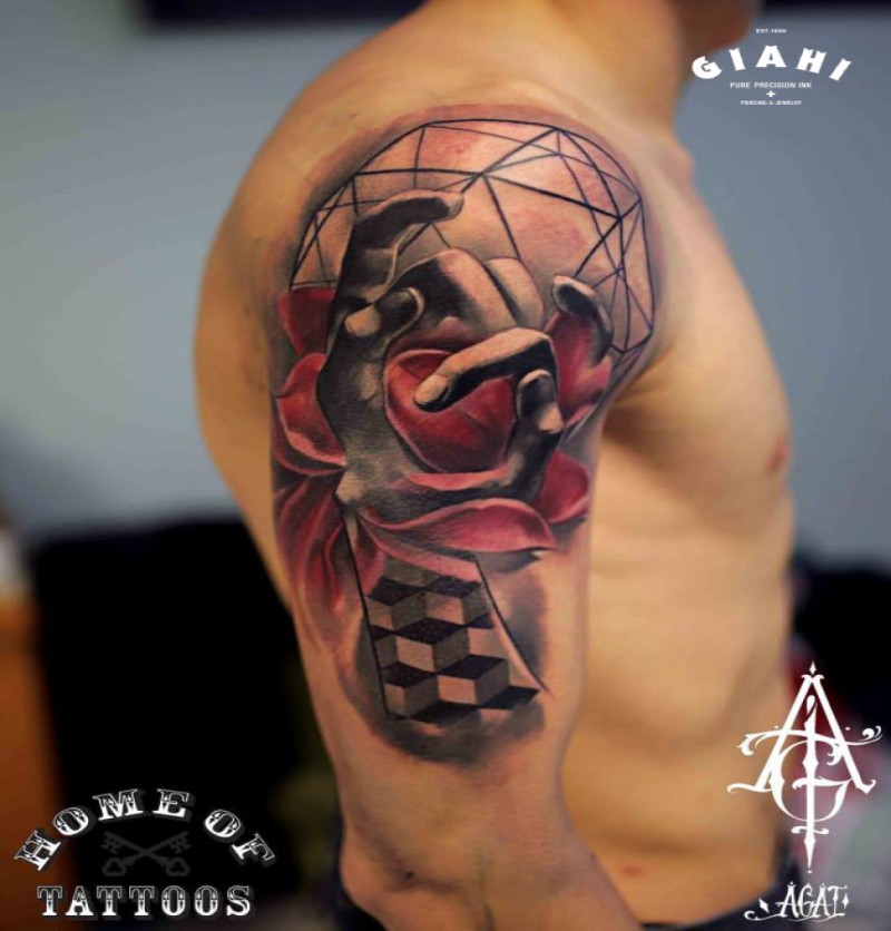 3D style colored shoulder tattoo of human hand with flower and geometrical figures