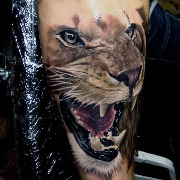 Tatuagem colorida do estilo 3D do retrato realístico do leão