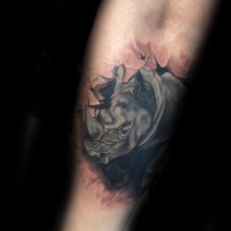 3D style colored under skin rhino tattoo on forearm