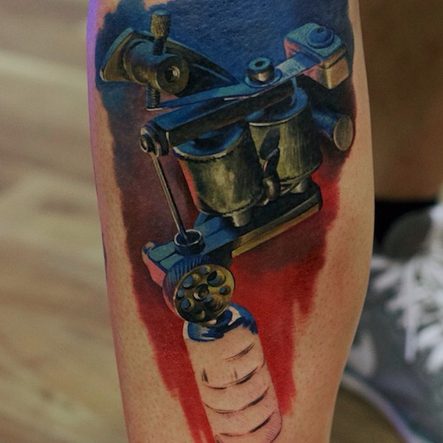 3D style colored very detailed mechanical device tattoo