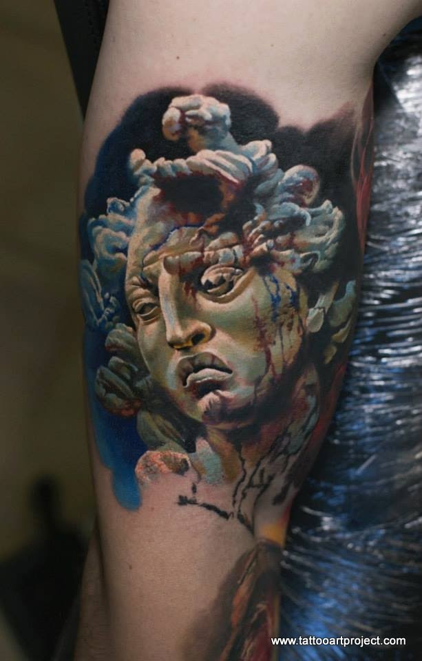 3D style colorful big forearm tattoo of antic statue