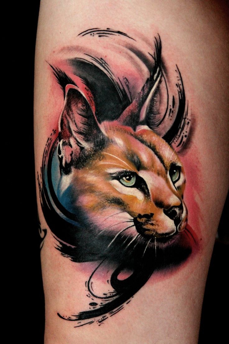 3D style colorful cool looking tattoo of caracal head