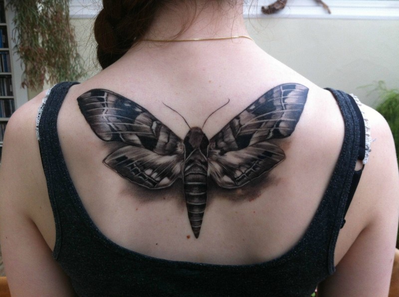 3D style cool looking black ink butterfly tattoo on upper back