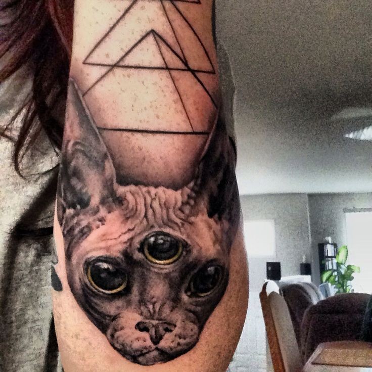 Tatuagem de desenho arrepiante de estilo 3D de gato malvado com três olhos