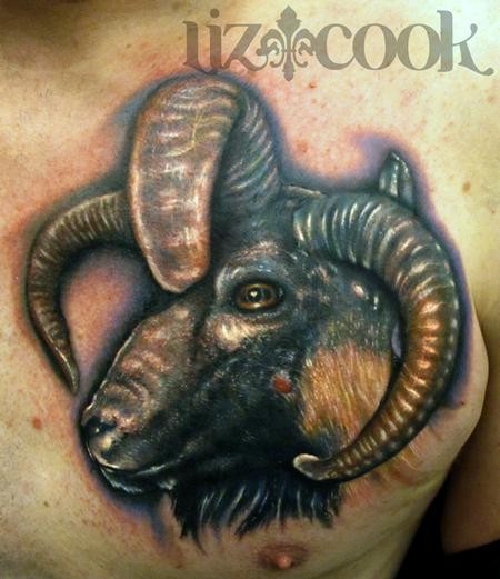3D style creepy looking colored chest tattoo of demonic goat