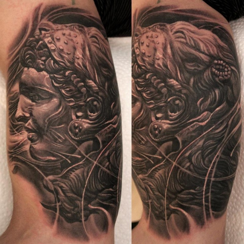 3D style designed black ink biceps tattoo of antic statue