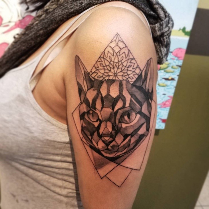 3D style  detailed cat head tattoo combined with geometrical figures
