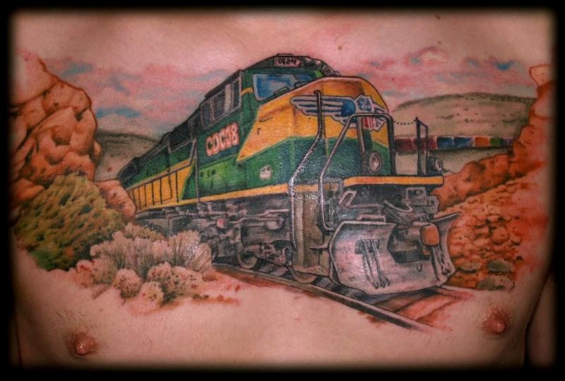 3D style detailed chest tattoo of modern heavy train
