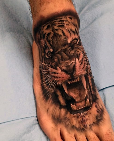 3D style detailed foot tattoo of roaring tiger