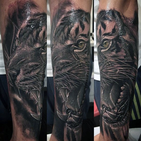 Estilo 3D detalhada tatuagem antebraço fo cabeça de tigre