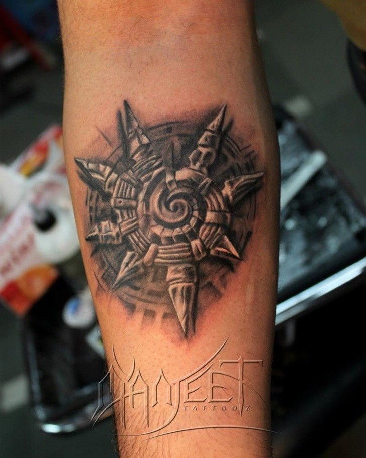3D style detailed forearm tattoo of ancient sculpture