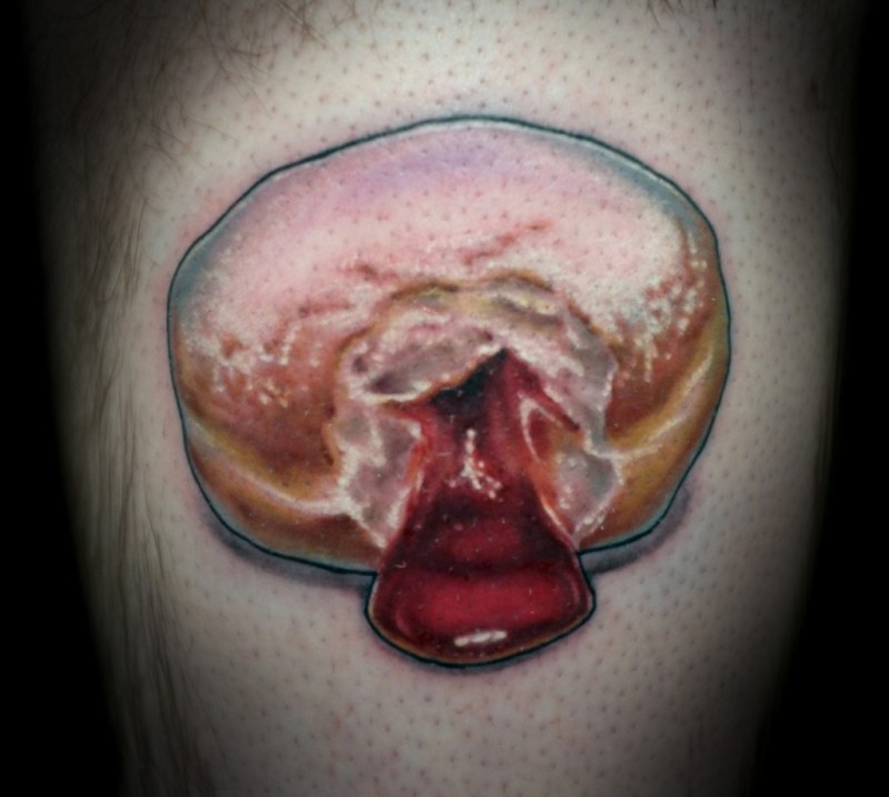 3D style detailed leg tattoo of tasty pie with jelly