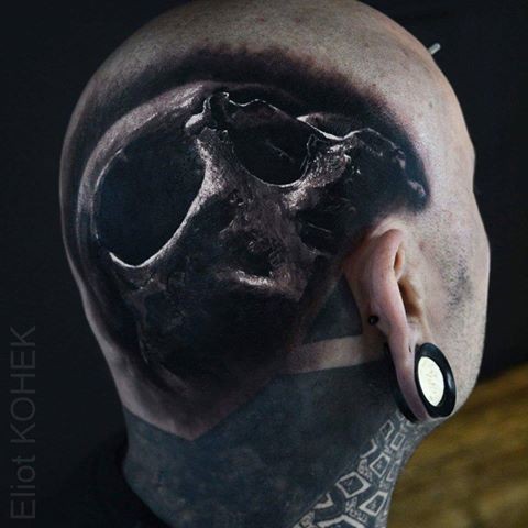 3D style detailed painted by Eliot Kohek on head tattoo of human skull