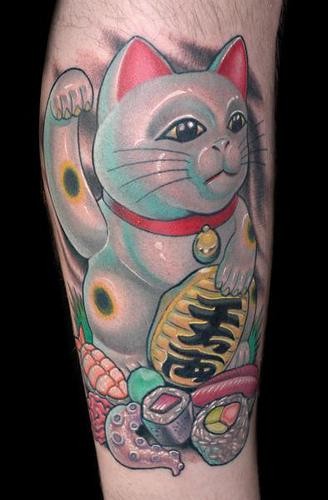 3D style funny looking arm tattoo of maneki neko japanese lucky cat statuette and various symbols