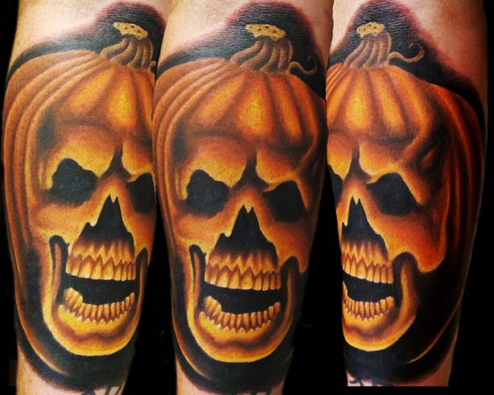 3D style Halloween pumpkin stylized with skull colored detailed tattoo with dark shadow