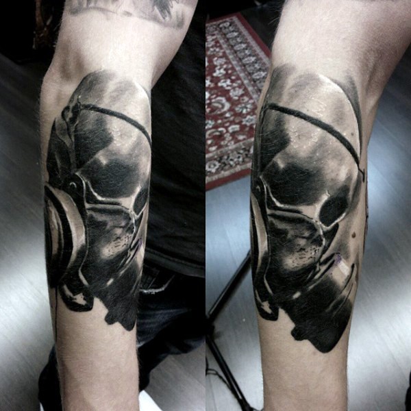 3D style incredible looking colored forearm tattoo fo skull in gas mask
